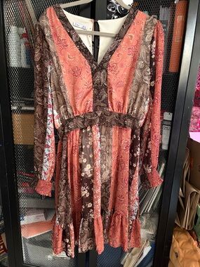 Dex Coral and Brown Patchwork Boho Long Sleeve Dress